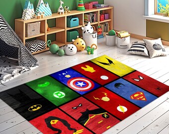 Superhjälte-ikonmatta, blandade Marvel-karaktärslogotyper, barnrumsinredning, Marvel-matta, barnrumsmatta, fantastisk matta, pojkrumsmatta, present till barn
