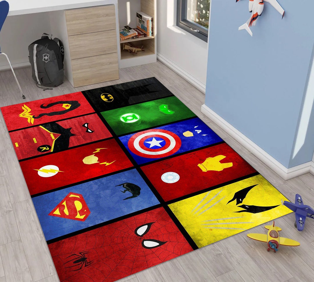 Superhero Icon Rug, Mixed Marvel Character Logos, Kids Room Decor ...
