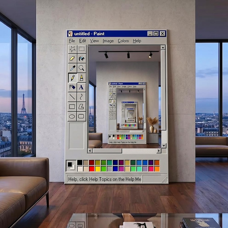 May include: A large wall mirror designed as a vintage computer paint program window. The mirror features a light gray frame with a blue title bar and a selection of paint tools. The text "untitled - Paint" and "Help, click Help Topics on the Help Me" are visible.