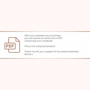 May include: A PDF icon with the letters "PDF" inside a brown rectangle. Text below states: "After you complete your purchase, you will receive an email with a PDF containing your workbook. This is not a physical product."