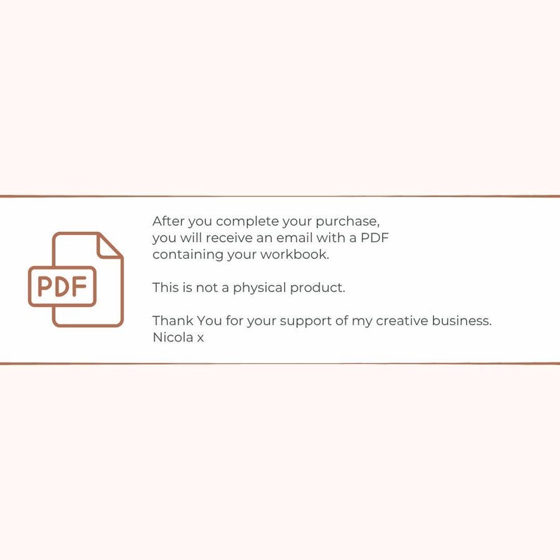 May include: A PDF icon with the letters "PDF" inside a brown rectangle. Text below states: "After you complete your purchase, you will receive an email with a PDF containing your workbook. This is not a physical product."