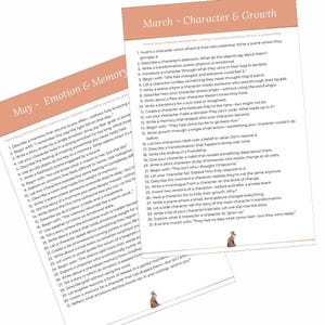 May include: Two pages of prompts for writing exercises, titled "May - Emotion & Memory" and "March - Character & Growth." Each page features a list of creative writing prompts, with a small illustration of a rabbit at the bottom.