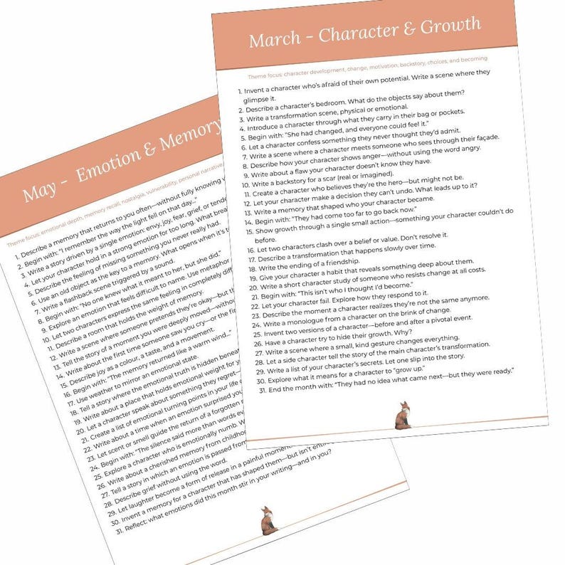 May include: Two pages of prompts for writing exercises, titled "May - Emotion & Memory" and "March - Character & Growth." Each page features a list of creative writing prompts, with a small illustration of a rabbit at the bottom.