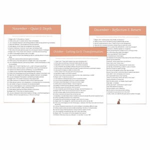 May include: Three pages with text, each with a different title: "November - Quiet & Depth", "December - Reflection & Return", and "October - Letting Go & Transformation". The pages have a peach background and black text. A small illustration of a fox is at the bottom of each page.