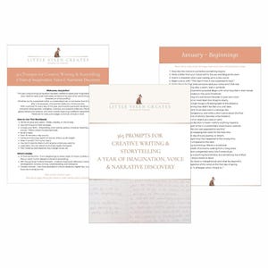 May include: A collection of printed pages with the text "365 Prompts for Creative Writing & Storytelling" and "A Year of Imagination, Voice & Narrative Discovery." The pages have a cream and peach color scheme, with the logo "Little Vixen Creates."