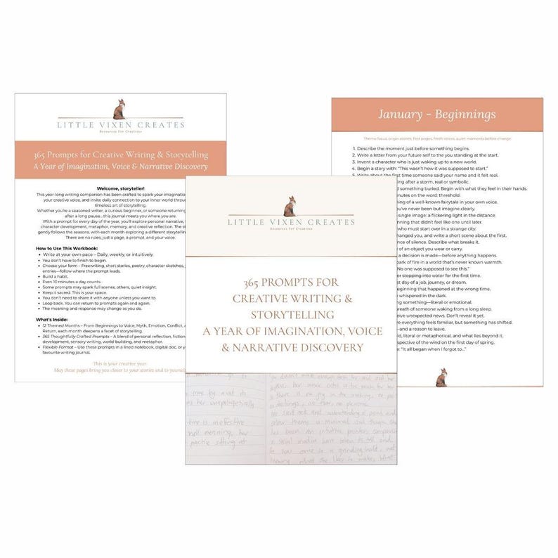 May include: A collection of printed pages with the text "365 Prompts for Creative Writing & Storytelling" and "A Year of Imagination, Voice & Narrative Discovery." The pages have a cream and peach color scheme, with the logo "Little Vixen Creates."