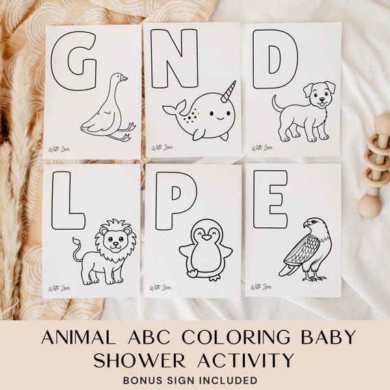 ABC Coloring Baby Shower Activity, Animal ABC Color Book, Fun Baby Shower Game, Blank Alphabet Book, Printable Baby's first ABC book Sign