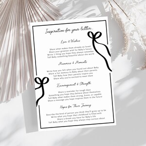 Inspiration and prompt ideas page for Letters to Baby printable set, featuring categories like love and wishes, encouragement, memories and hopes for baby. Gender neutral baby shower activity and baby shower game that helps guests write messages with ease. Baby keepsake printable for a baby memory book, guestbook alternative or time capsule gift. Editable Canva template included for customizing fonts, colors and wording. Perfect new mom baby shower keepsake.