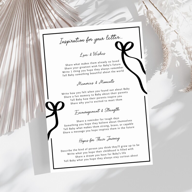 Inspiration and prompt ideas page for Letters to Baby printable set, featuring categories like love and wishes, encouragement, memories and hopes for baby. Gender neutral baby shower activity and baby shower game that helps guests write messages with ease. Baby keepsake printable for a baby memory book, guestbook alternative or time capsule gift. Editable Canva template included for customizing fonts, colors and wording. Perfect new mom baby shower keepsake.