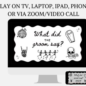 Editable Bride or Die groom trivia template in dark black and white style, designed for Halloween bachelorette parties and hens nights. Digital download game that fits perfectly with gothic, emo, or alternative bridal shower themes. Guests guess what the groom said for hilarious results. This Til Death Do Us Part themed party activity is a fun and unique way to celebrate the future bride with spooky vibes. Play this game on the TV, laptop, phone or over zoom call!