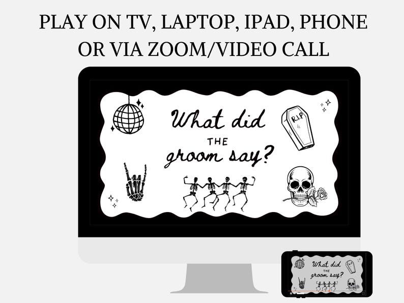 Editable Bride or Die groom trivia template in dark black and white style, designed for Halloween bachelorette parties and hens nights. Digital download game that fits perfectly with gothic, emo, or alternative bridal shower themes. Guests guess what the groom said for hilarious results. This Til Death Do Us Part themed party activity is a fun and unique way to celebrate the future bride with spooky vibes. Play this game on the TV, laptop, phone or over zoom call!