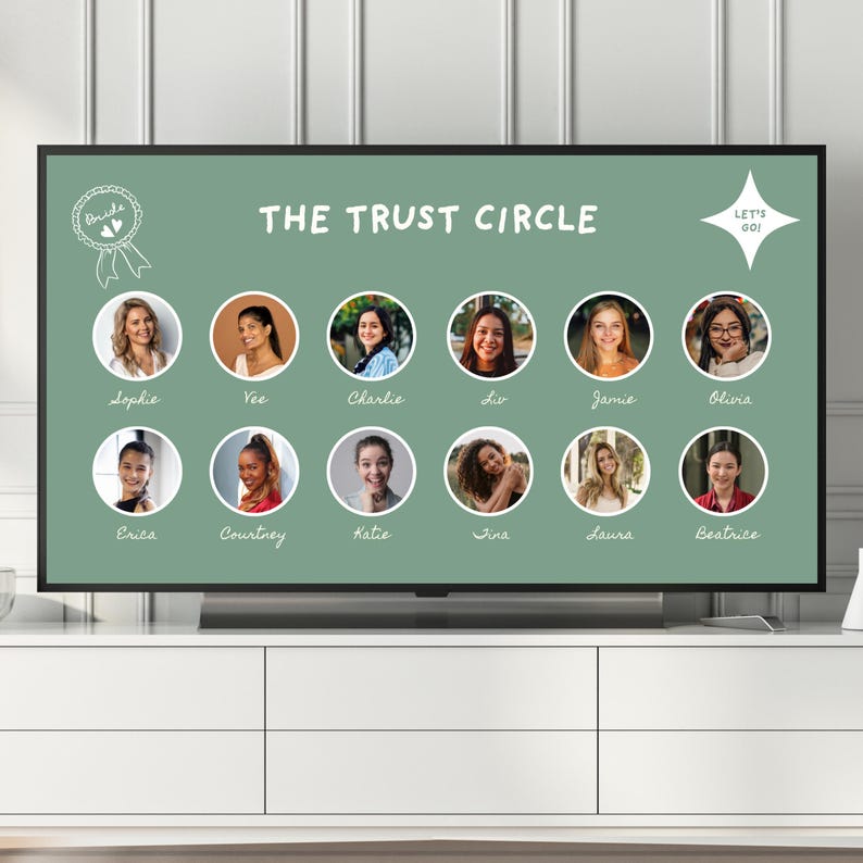 Editable Canva template of the We Listen & We Don’t Judge game showing customisable text and layout. A digital bachelorette party game and trending TikTok game that works perfectly for girls gone mild parties, hens nights, slumber party games, and modern bridal celebrations displayed on a TV or shared screen.