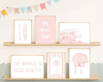 Muschel Kinderzimmer Dekor Rosa Ozean Drucke 6er Set Wand Kunst Küsten druckbare Surfen Kunst No Wake Zone Schild Die Welt ist deine Auster Zeichen