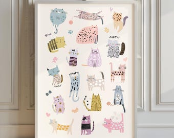 Cute Cat Print for Girls Room Decor Quirky Cat Poster for Toddler Playroom Wall Art Funny Cat Print Pastel Themed Gift for Cat Mom Kids Art