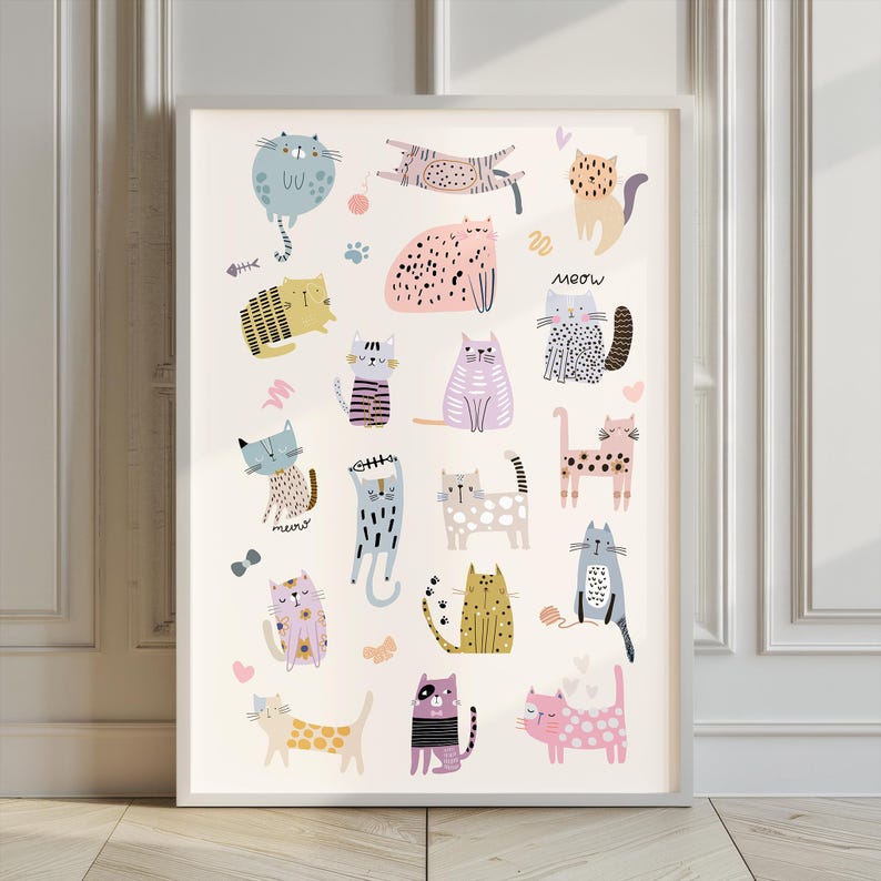 Cute and colorful digital cat print featuring a variety of playful cat breeds in soft pastel colors. This whimsical artwork showcases cats in different activities like playing with yarn, lounging, and jumping, making it a perfect addition to a girls' room or kids' room decor. The print is fun and has a vibrant style. Ideal for animal lovers, cat owners, or as a thoughtful gift for a child’s bedroom or nursery. This printable wall art adds a cheerful, cozy touch to any space.