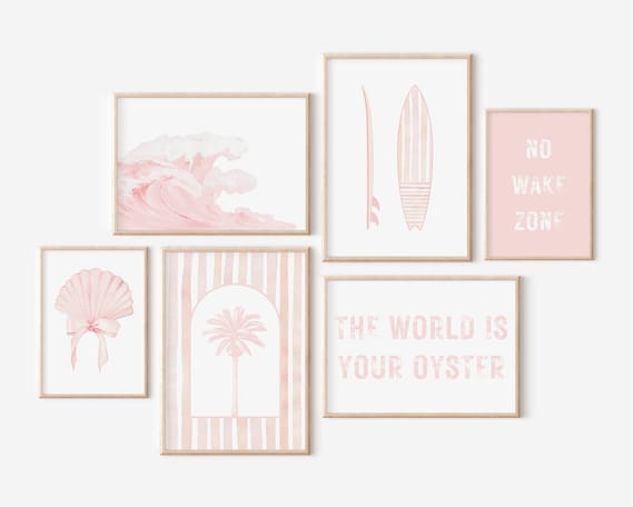 Seashell Nursery Decor Pink Ocean Prints Set of 6 Wall Art Coastal Printable Surfing Art No Wake Zone Sign The world is your oyster sign