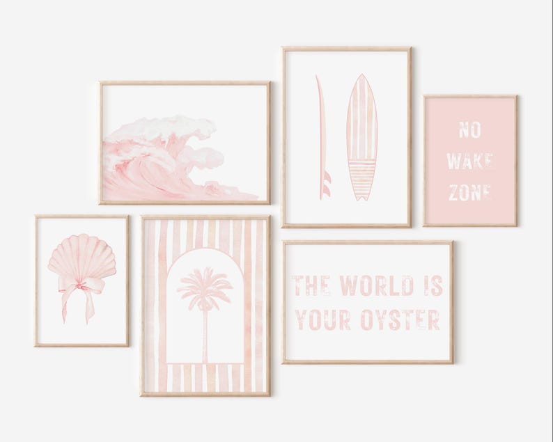 A 6-piece digital wall art set featuring coastal and seashell-inspired prints, perfect for a pink nursery, baby girl room, or beach-themed space. Includes a soft watercolor wave, a delicate seashell with a pink bow, a palm tree, a surfboard, and two motivational quotes—“The World is Your Oyster” and “No Wake Zone”—in textured lettering. A beautiful choice for baby shower gifts, nursery wall art, or registry ideas for ocean-loving families. Printable and easy to style for a serene seaside vibe.
