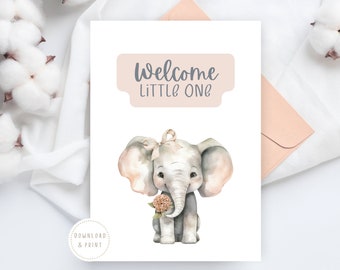 Welcome Baby Card | New Baby Girl | Welcome Little One | Printable Card | Instant Download | New Parents | New Baby Elephant | Safari Animal