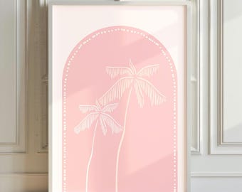 Pink Palm Tree Beach Wall Art for Girls Bedroom, Boho Beach Decor, Coastal Printable, Tropical Wall Art for Beach House Gift Coastal Nursery