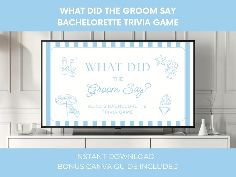 Editable What Did the Groom Say bachelorette trivia game template with coastal beach theme, perfect for hens parties, bridal showers, girls weekends, and last toast on the coast celebrations. This Canva game features 15 fun bride and groom trivia questions, ideal for wedding shower games, drinking games, and bachelorette party fun. Easy to edit and customize for a memorable bridal event.