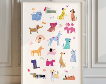 Hundedruck Wandkunst Hunderassen Druck für Hundeliebhaber Geschenk für Hundebesitzer Druck für Mädchen Raum Dekor Hund druckbarer bunter Hundeposter Trending