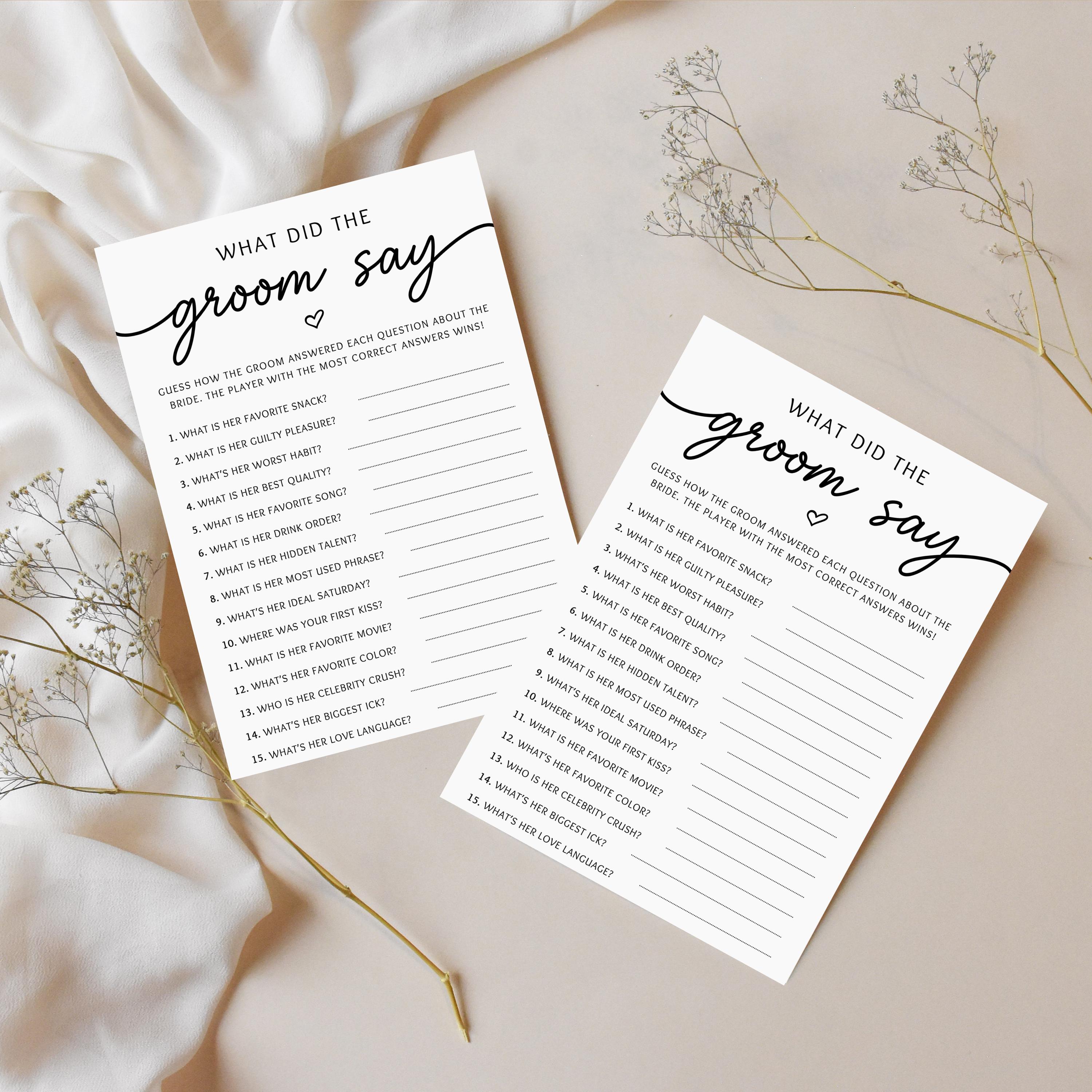 Say Printable What Did the Groom Say Printable Game for Minimalist Bridal Shower or ...