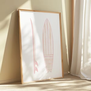 Stampa da parete con ragazza surfista, decorazione da parete per cameretta dei bambini, tavola da surf, decorazione da spiaggia, baby shower, arte da surf in stile boho, tavola da surf rosa