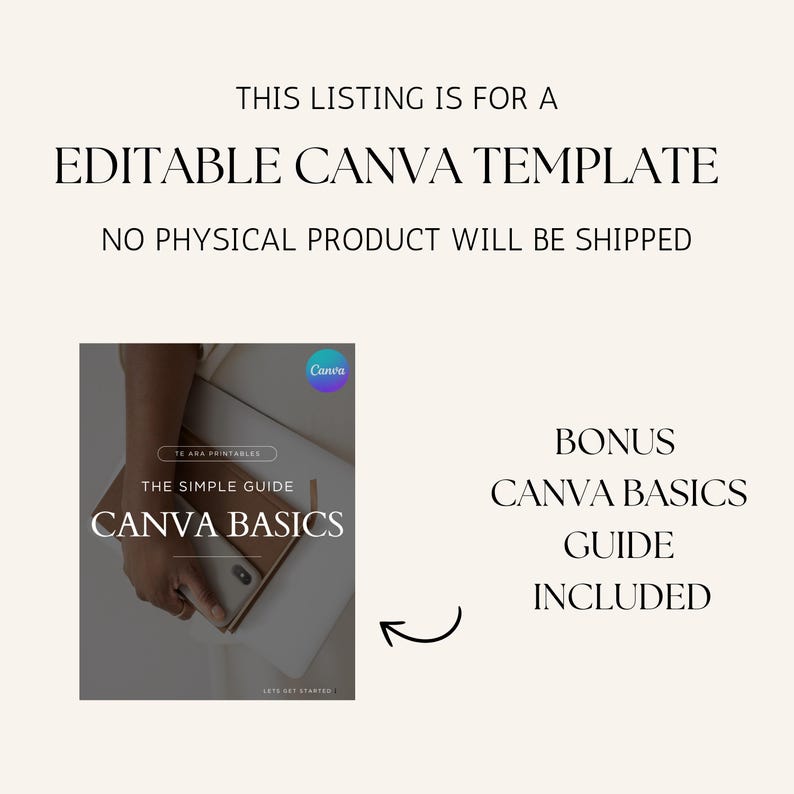 May include: Image with text: "THIS LISTING IS FOR A EDITABLE CANVA TEMPLATE NO PHYSICAL PRODUCT WILL BE SHIPPED." A graphic shows a laptop and phone with the text "CANVA BASICS." The text "BONUS CANVA BASICS GUIDE INCLUDED" is also present.