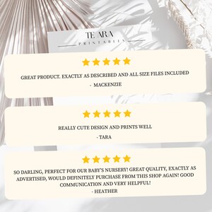 Puede incluir: Imagen que presenta rese&ntilde;as de clientes con calificaciones de cinco estrellas. Las rese&ntilde;as est&aacute;n en tarjetas de color crema con texto. El nombre de la tienda "TE ARA PRINTABLES" est&aacute; en la parte superior. Las rese&ntilde;as mencionan la calidad del producto, el dise&ntilde;o y la comunicaci&oacute;n &uacute;til.