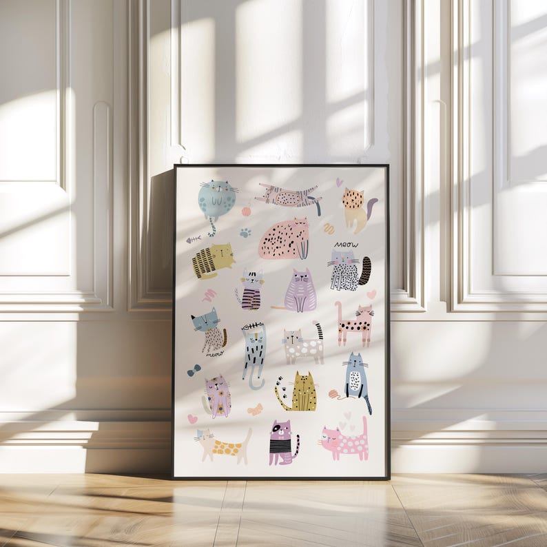 Colorful and playful digital cat print featuring adorable kittens in various fun poses, surrounded by cute bows and love hearts. This toddler-friendly cat print showcases different cat breeds like Siamese, Persian, and Maine Coon, all in soft pastel colors. Perfect as wall art for a toddler’s room, playroom, or nursery, this instant download is a great choice for cat lovers and animal enthusiasts. The charming design adds a cheerful touch to any space, making it an ideal gift for cat owners!