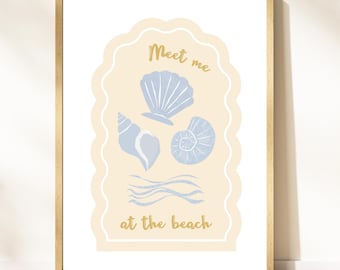 Encuéntrame en la playa, arte de pared, impresión de descarga digital, impresión de cita de playa, decoración costera, regalo para ella, arte de pared de conchas marinas, póster náutico