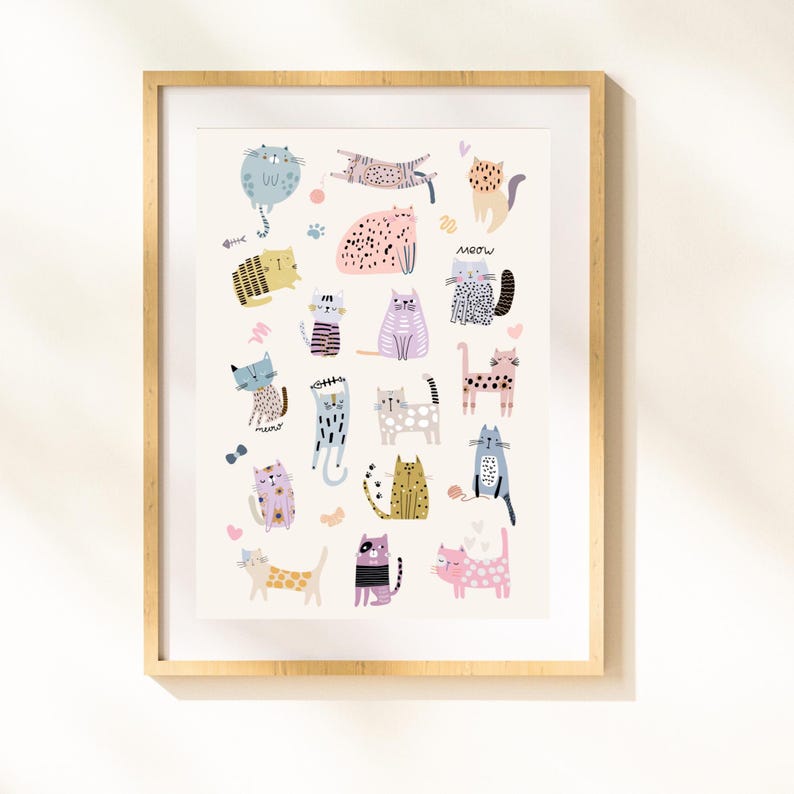 K&ouml;nnte beinhalten: Ein wei&szlig;er Hintergrund mit einer Vielzahl von bunten Katzen in verschiedenen Posen. Die Katzen sind alle cartoonartig und haben unterschiedliche Muster und Farben. Das Wort "meow" ist in rosa Buchstaben oben im Bild geschrieben.