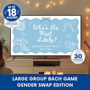 May include: A digital party game displayed on a television screen with a light blue background and white text reading Who's the Most Likely? Gender Swap Bach Edition. The screen features white line art of a disco ball, champagne flutes, and beach items.