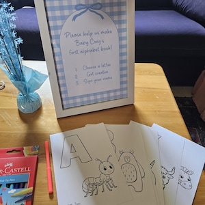 May include: A framed sign with a blue gingham pattern and the text "Please help us make Baby Coxy's first alphabet book!" is displayed. Beside it are coloring pages with the letter "A" and an ant illustration. A box of felt tip pens and a pink marker are also visible.