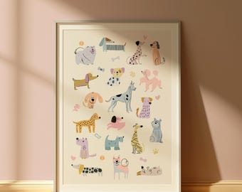 May include: A white framed print with a colorful illustration of various dog breeds. The dogs are depicted in different poses and colors, including brown, black, white, and pink. The print features a whimsical and playful design.
