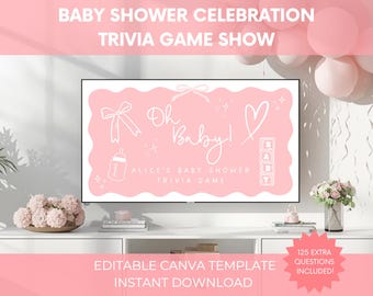 Girl Baby Shower Game Show Trivia – Editable Canva Template, Pink Printable Baby Shower Quiz, Instant Download, TV Powerpoint Game Mom to be