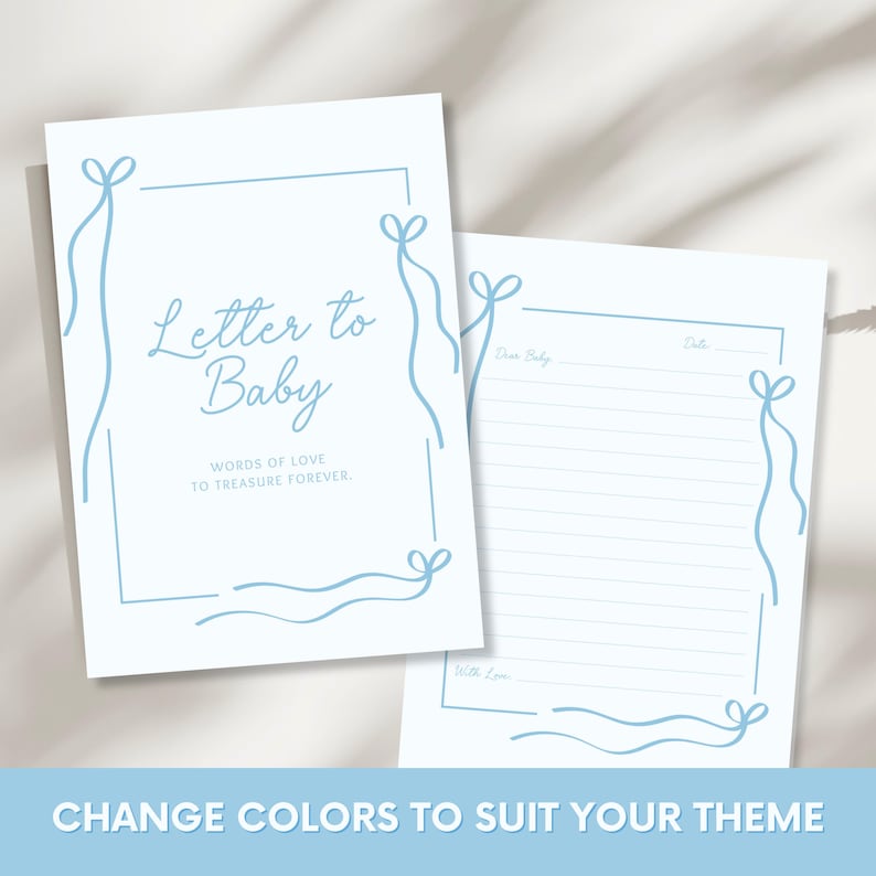 Puede incluir: Dos hojas de papeler&iacute;a para beb&eacute;s en azul claro y blanco. La primera hoja dice "Letter to Baby" con el texto "WORDS OF LOVE TO TREASURE FOREVER". La segunda hoja est&aacute; rayada con las palabras "Dear Baby" y "With Love."