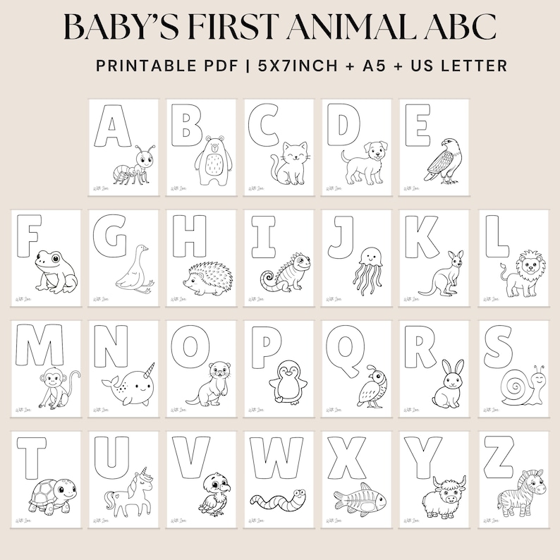 ABC Coloring Baby Shower Activity, Animal ABC Color Book, Fun Baby Shower Game, Blank Alphabet Book, Printable Baby's first ABC book Sign image 3