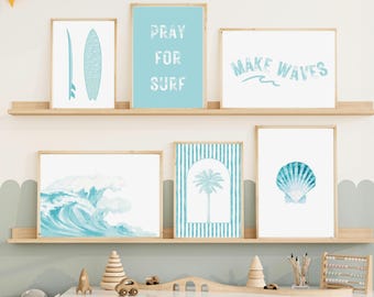 Surf Wall Art Bundle, Boys Beach Nursery Printable, Coastal Blue Room Decoration, Surfy Printable, Surfboard Art 6 Set, Digital Download