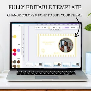 May include: A laptop displaying a presentation template with the text "FULLY EDITABLE TEMPLATE" and "CHANGE COLORS & FONT TO SUIT YOUR THEME". The presentation features a yellow and white design with a photo of a person.
