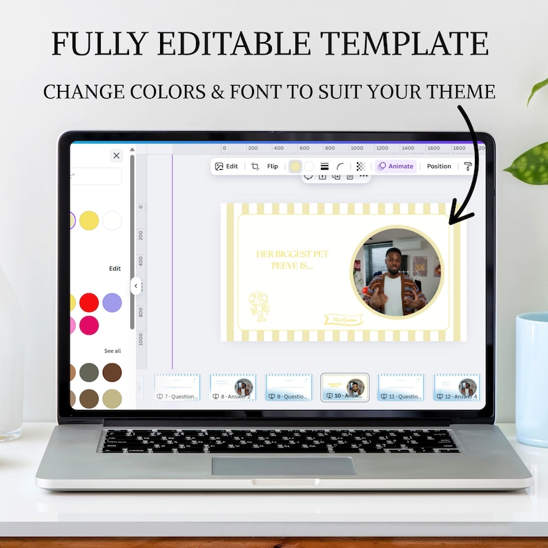 May include: A laptop displaying a presentation template with the text "FULLY EDITABLE TEMPLATE" and "CHANGE COLORS & FONT TO SUIT YOUR THEME". The presentation features a yellow and white design with a photo of a person.