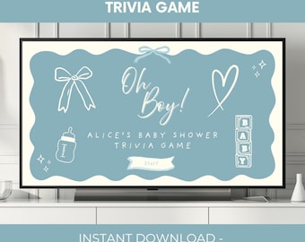 Plantilla de juego de preguntas y respuestas para baby shower, juego editable en Canva para baby shower, actividad de concurso televisivo, juegos para baby shower de niño, descarga instantánea.