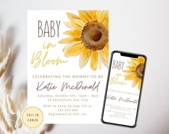 Sunflower Baby Shower Baby in Bloom Invitation Sunflower Shower Minimal Fall Baby Shower Invitation Phone Invite Sunflower Baby Girl Floral