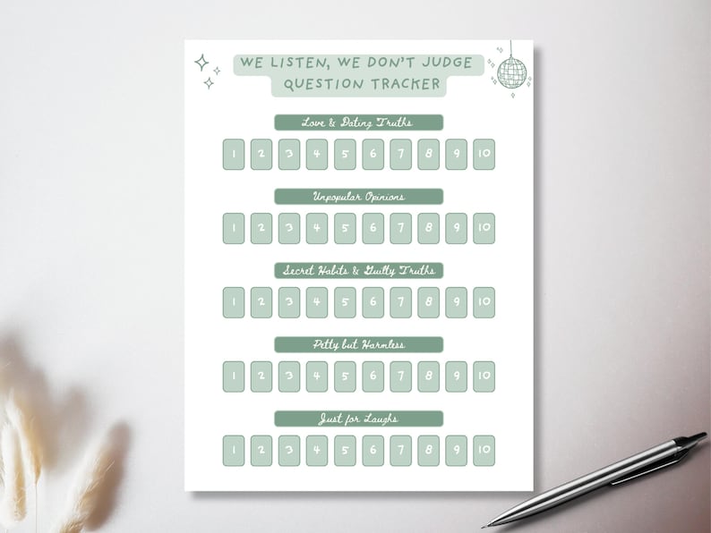 May include: A white question tracker with green text and boxes. The text reads "We Listen, We Don't Judge Question Tracker." Categories include "Love & Dating Truths" and "Unpopular Opinions." A pen rests on the bottom right.