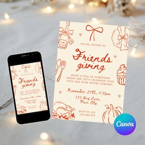 Peut inclure: Une invitation Friendsgiving sur fond crème, ornée d'illustrations orange de nourriture et d'ustensiles. Le texte "Friendsgiving" est mis en avant, avec les détails de l'événement : date, heure et lieu.