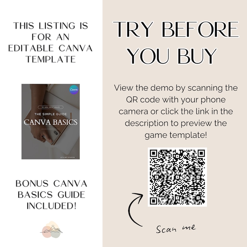 May include: An editable Canva template listing with the text "THIS LISTING IS FOR AN EDITABLE CANVA TEMPLATE". Includes a "CANVA BASICS" guide and a QR code to preview the template. The text "TRY BEFORE YOU BUY" is also visible.