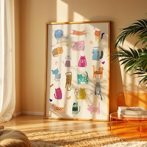 Bunte Katze Wandkunst Katzenrassen Druck für Katzenliebhaber Geschenk für Katzenbesitzer Druck für Mädchen Raum Dekor Katze druckbare bunte Kätzchen Posterkunst