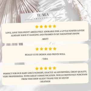 May include: Cream-colored print with the text "TE ARA PRINTABLES" and customer reviews. The reviews are in white text on a light beige background, with gold star ratings. The print is displayed against a neutral background.