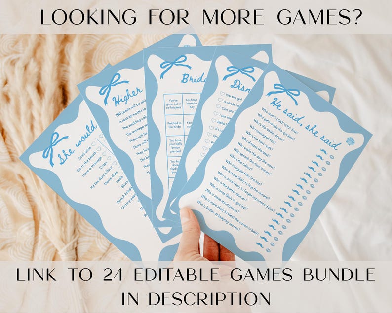 May include: A stack of light blue game cards with a wavy border and bow accents. The cards feature text like "He said, she said" and "She would." The text "Looking for more games?" and "Link to 24 editable games bundle in description" are also visible.