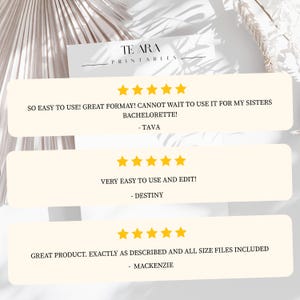 May include: Cream-colored cards with customer reviews and gold star ratings. The cards feature text such as "SO EASY TO USE!" and "GREAT PRODUCT." The brand name "TE ARA PRINTABLES" is at the top. The background has a neutral, natural aesthetic.
